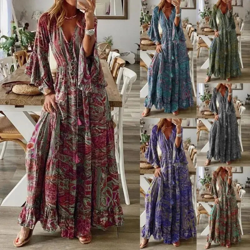 Robe longue fleurie femme à manches évasées, taille haute
