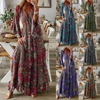Robe longue fleurie femme à manches évasées, taille haute