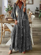 Robe longue fleurie femme à manches évasées, taille haute, gris