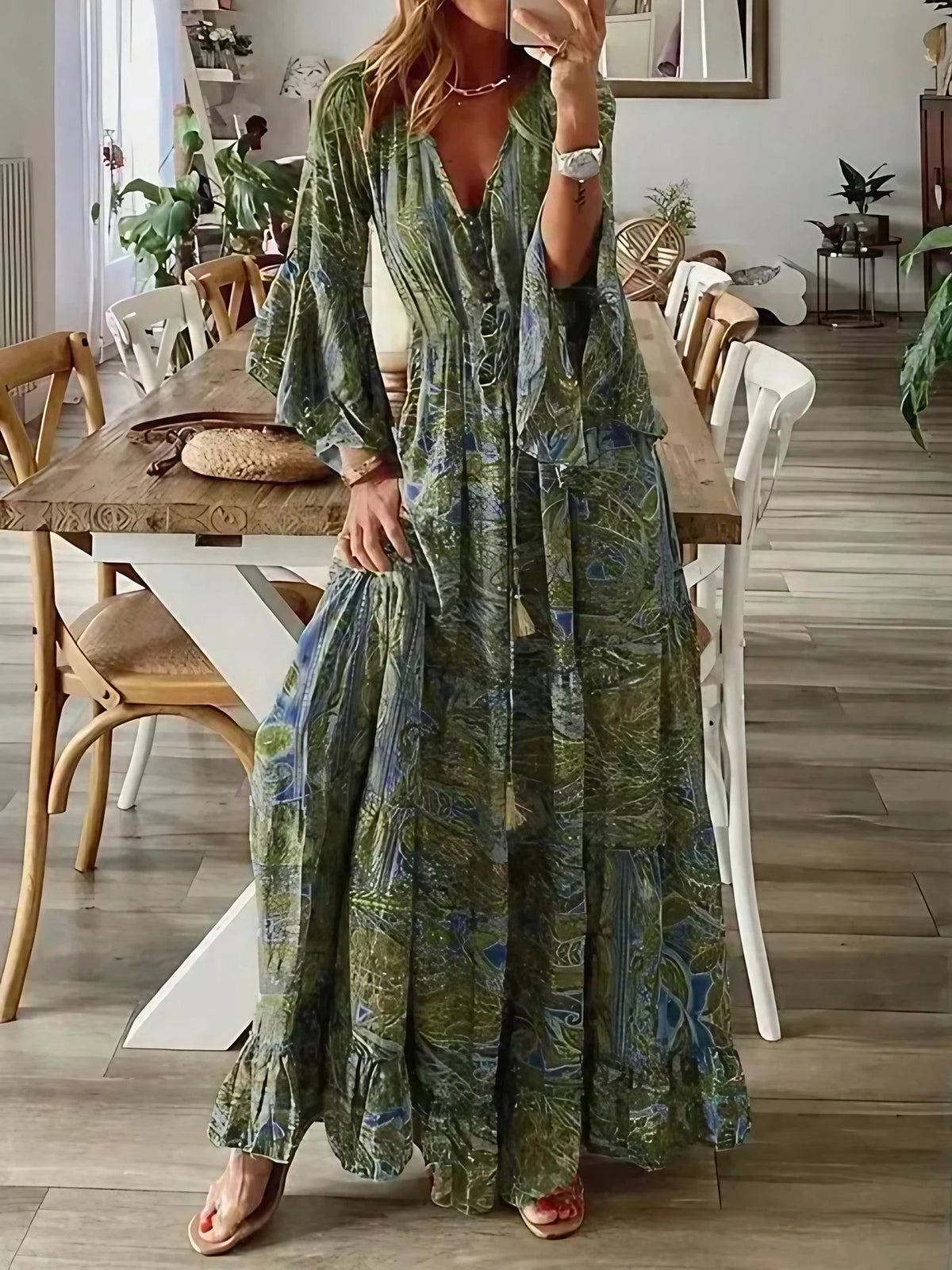 Robe longue fleurie femme à manches évasées, taille haute, vert