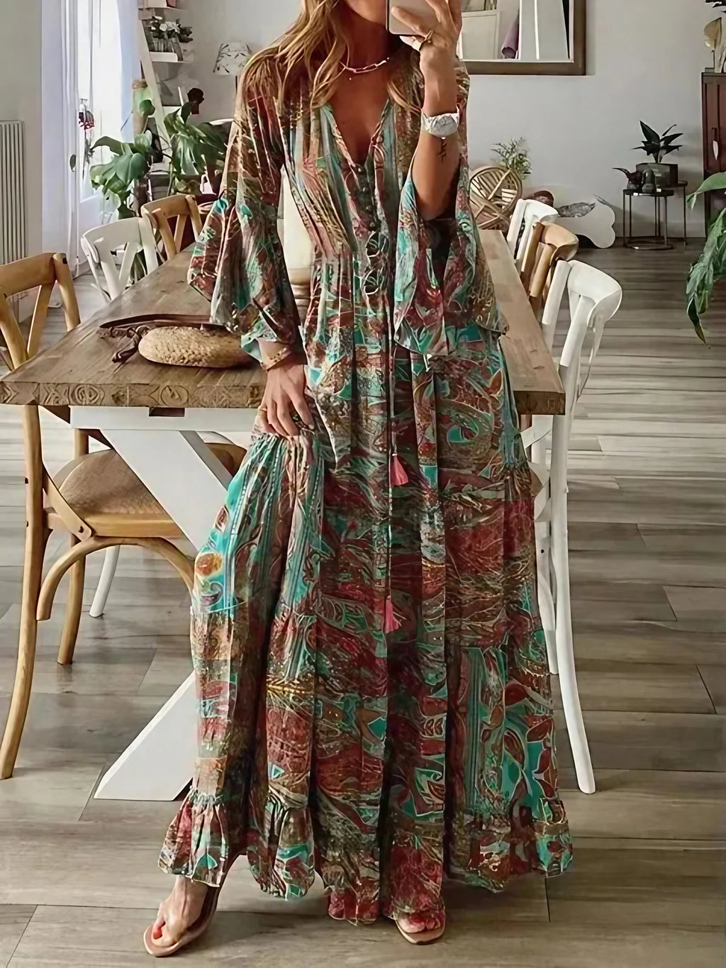 Robe longue fleurie femme à manches évasées, taille haute, orange