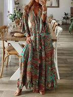 Robe longue fleurie femme à manches évasées, taille haute, orange