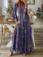 Robe longue fleurie femme à manches évasées, taille haute, pourpre
