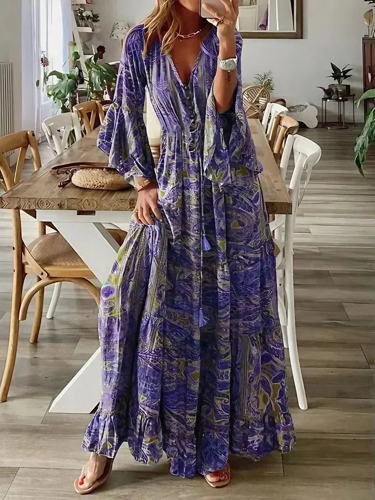 Robe longue fleurie femme à manches évasées, taille haute, pourpre