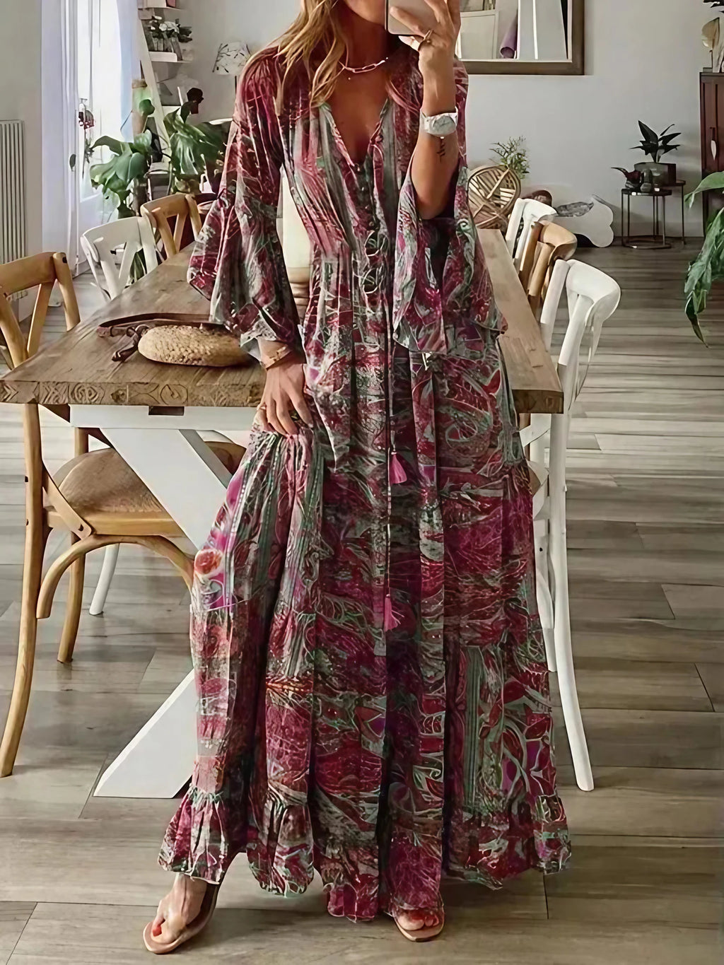 Robe longue fleurie femme à manches évasées, taille haute, rouge