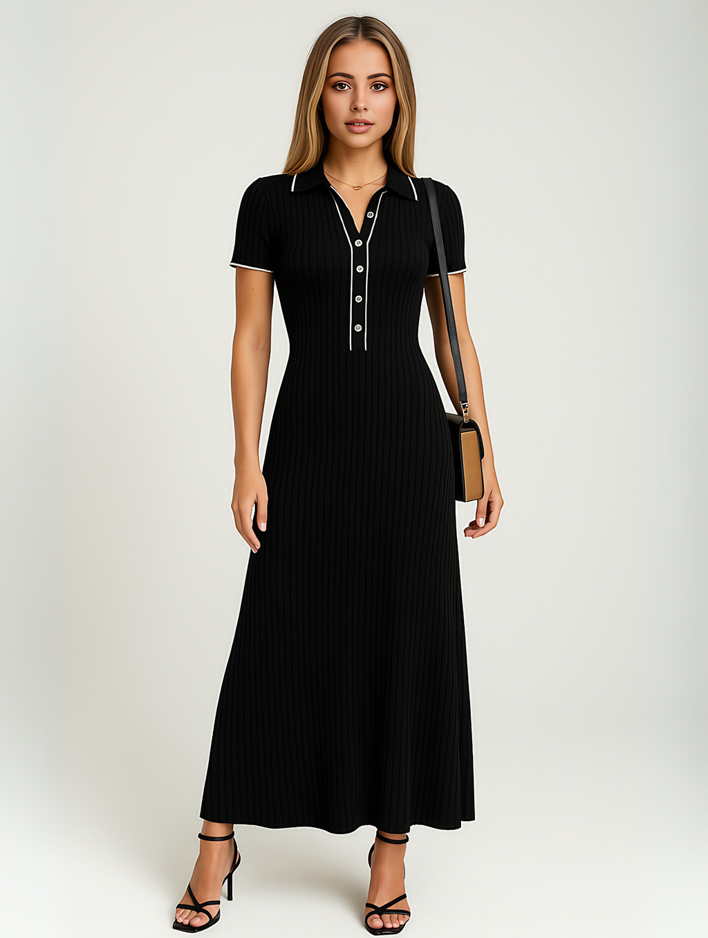Robe longue en maille côtelée, bords contrastés, noire ou blanche, noir