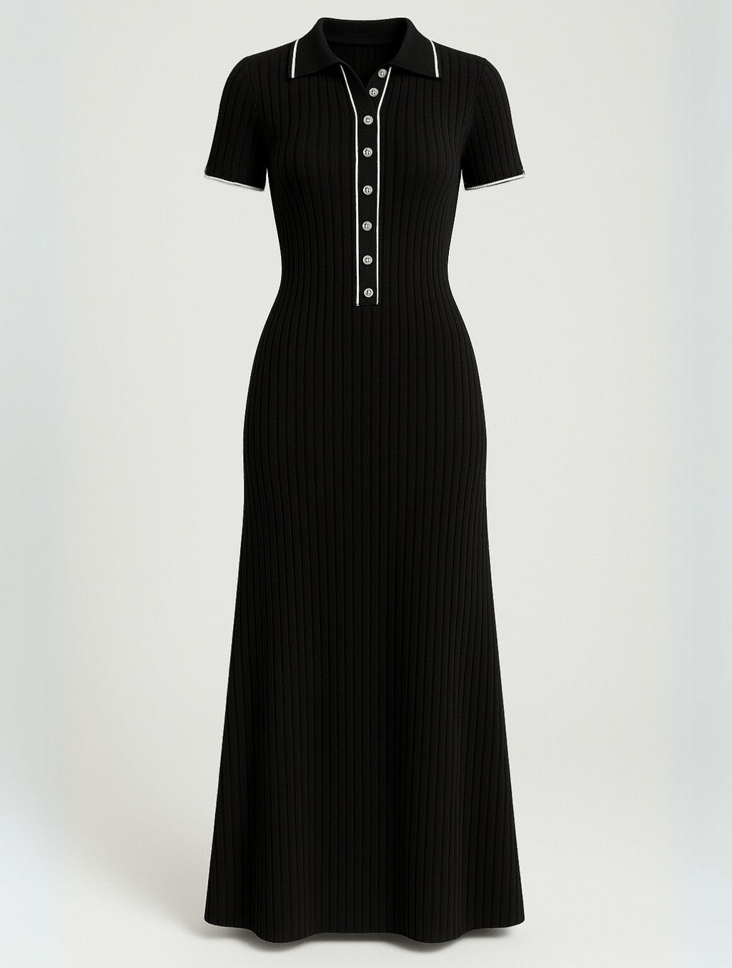 Robe longue en maille côtelée, bords contrastés, noire ou blanche