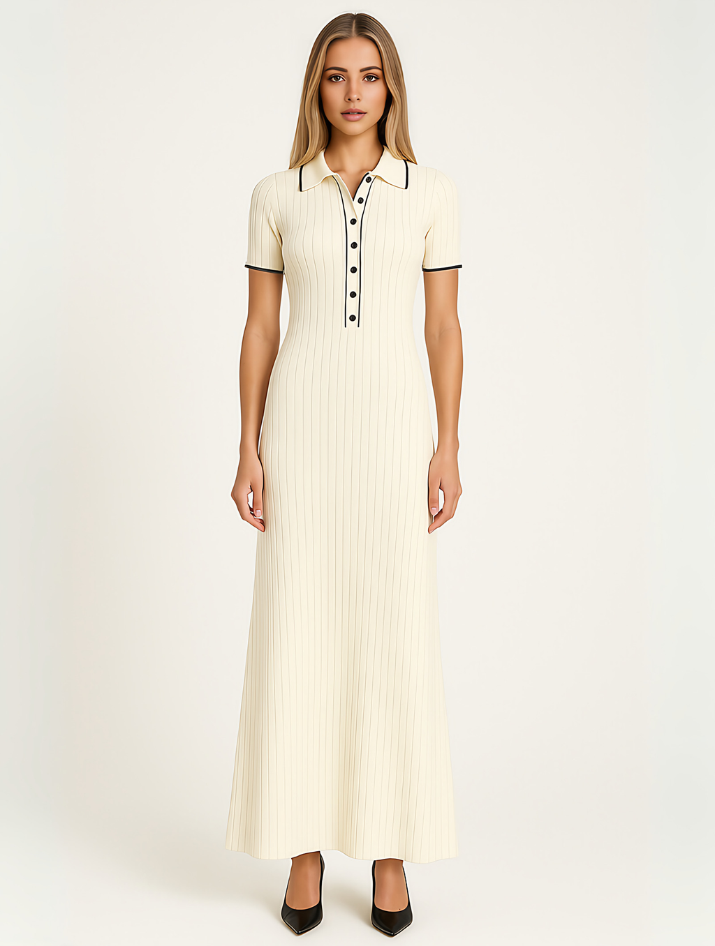 Robe longue en maille côtelée, bords contrastés, noire ou blanche, blanc