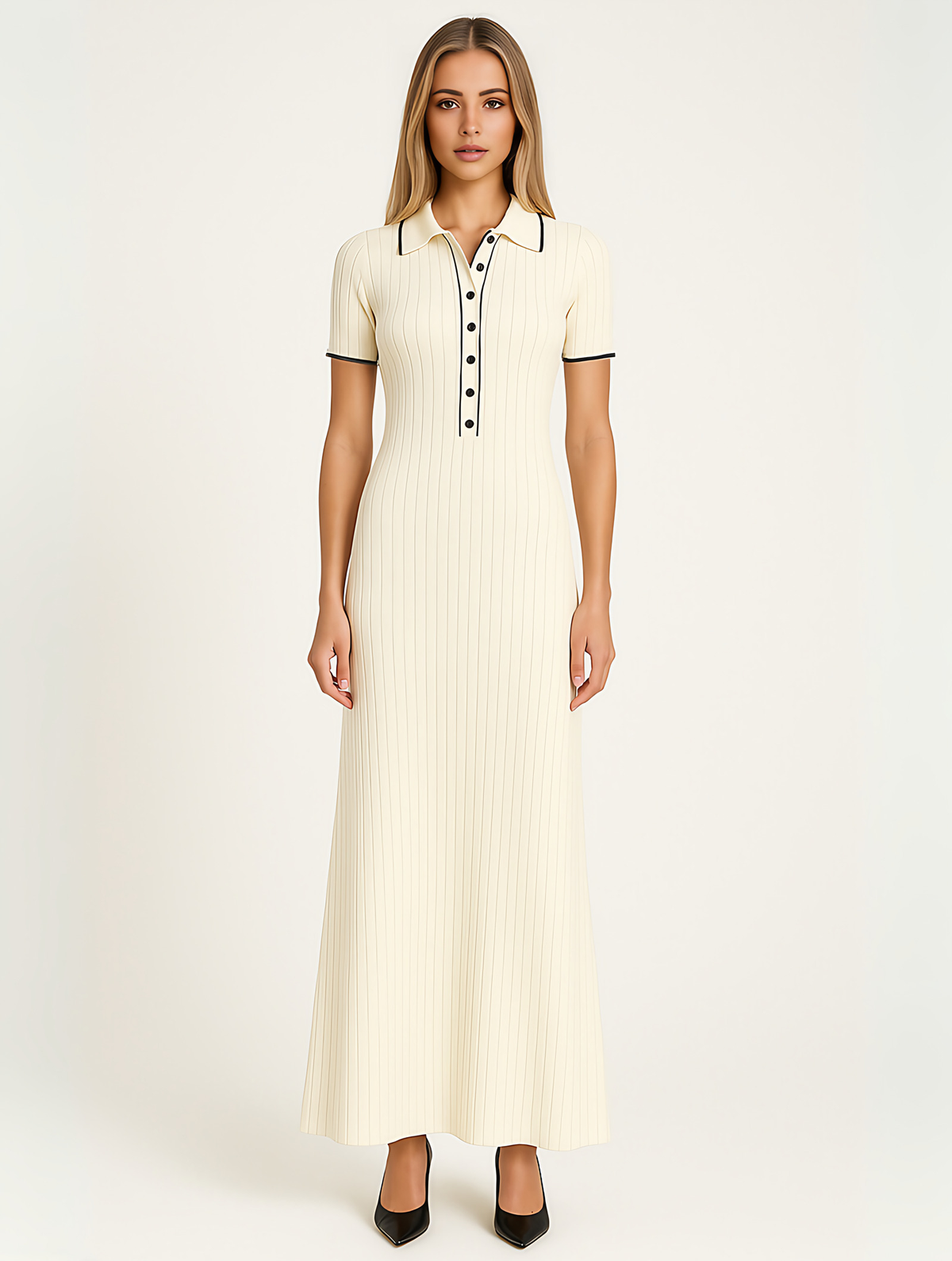 Robe longue en maille côtelée, bords contrastés, noire ou blanche, blanc