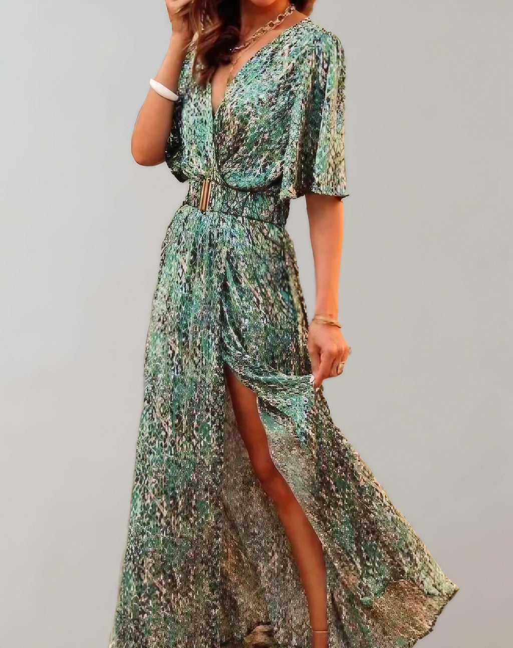Robe longue femme ample à manches courtes, sept coloris, vert