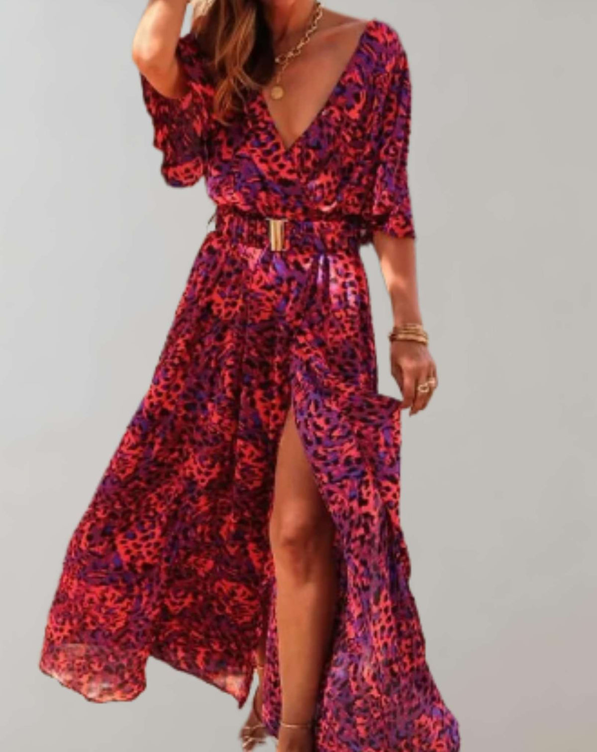 Robe longue femme ample à manches courtes, sept coloris, rouge rosé