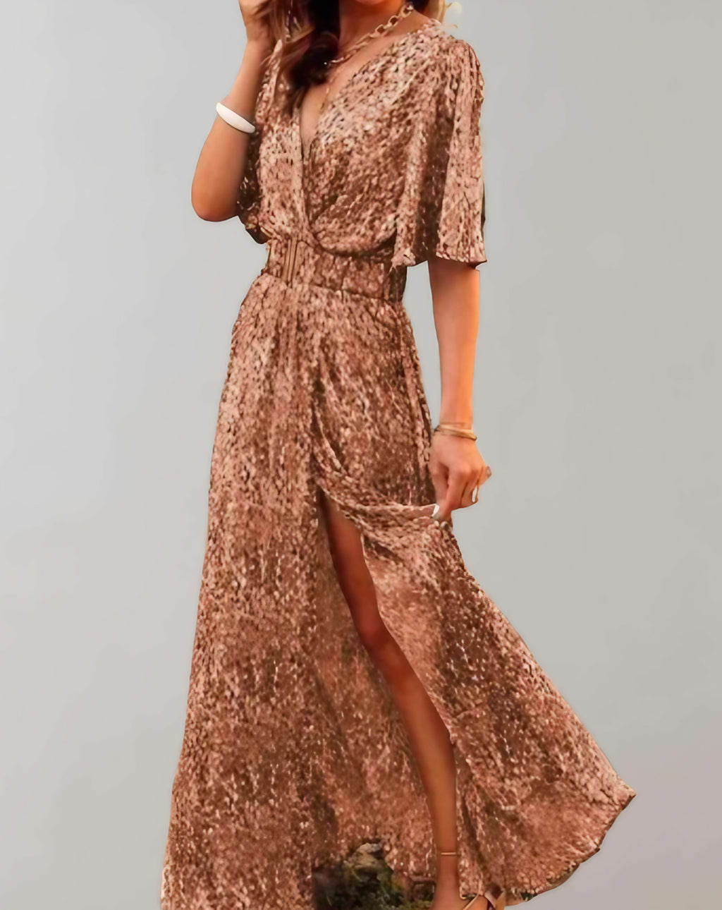 Robe longue femme ample à manches courtes, sept coloris, camel