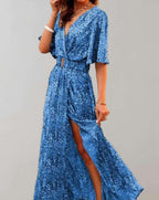 Robe longue femme ample à manches courtes, sept coloris, bleu