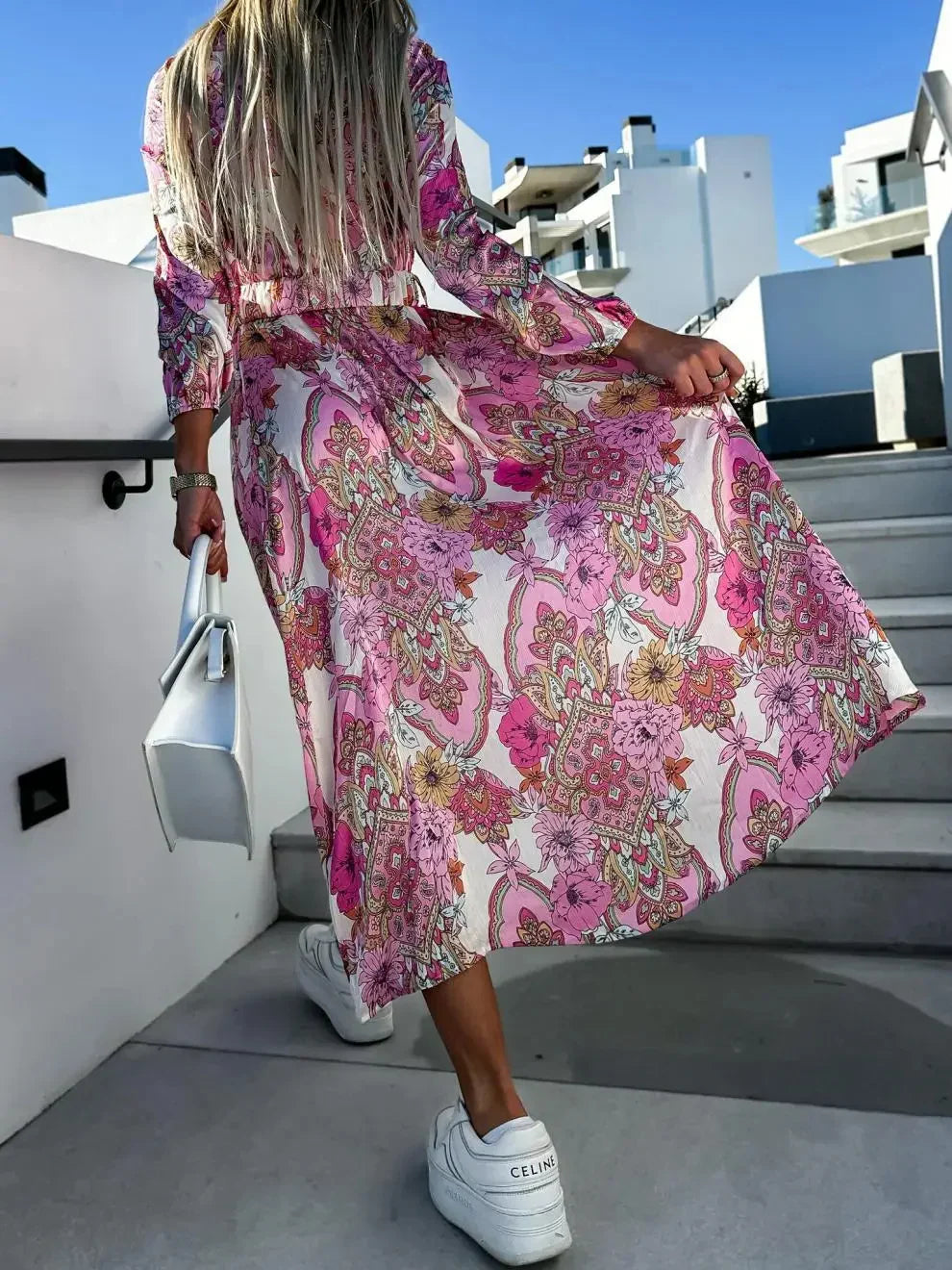Robe longue bohème femme à manches longues, ceinture réglable