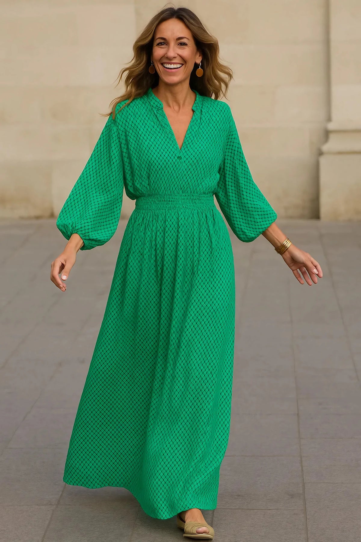 Robe longue bohème verte à manches courtes, du S au 2XL