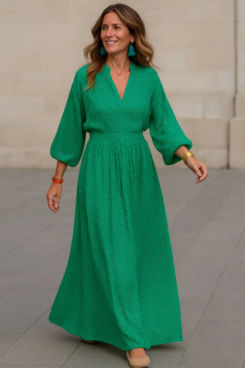Robe longue bohème verte à manches courtes, du S au 2XL