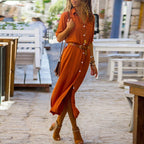 Robe longue femme à manches longues, coupe ample et fendue