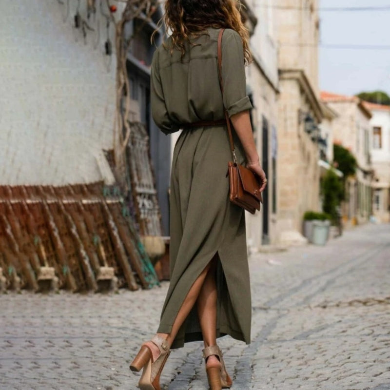 Robe longue femme à manches longues, coupe ample et fendue
