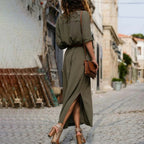 Robe longue femme à manches longues, coupe ample et fendue