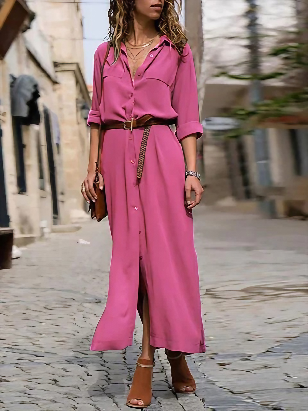 Robe longue femme à manches longues, coupe ample et fendue, rose