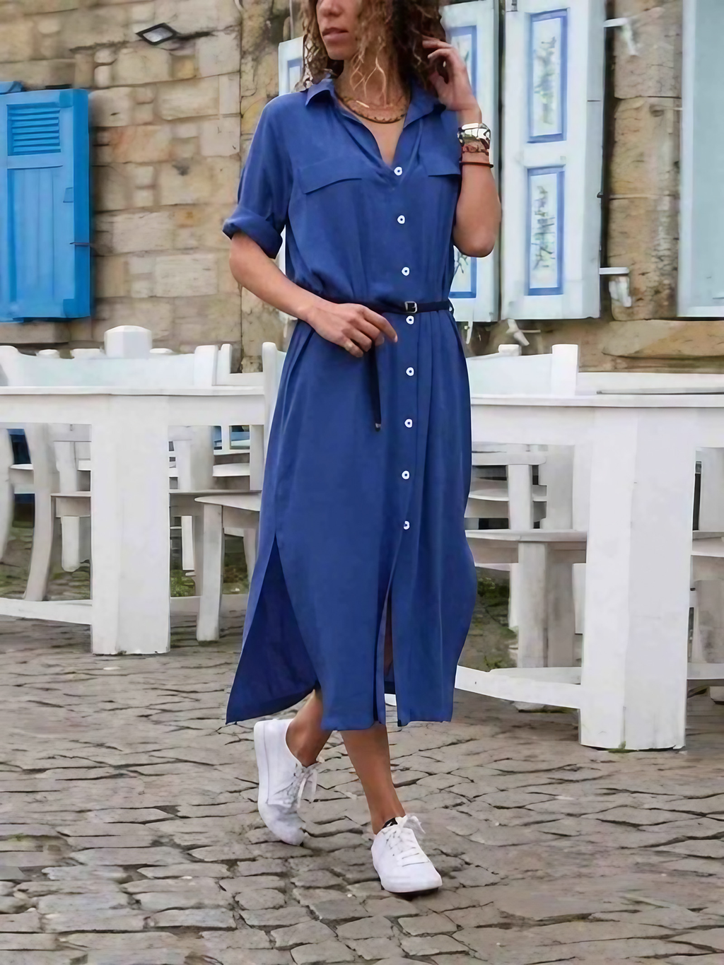 Robe longue femme à manches longues, coupe ample et fendue, bleu