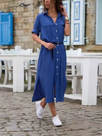 Robe longue femme à manches longues, coupe ample et fendue, bleu