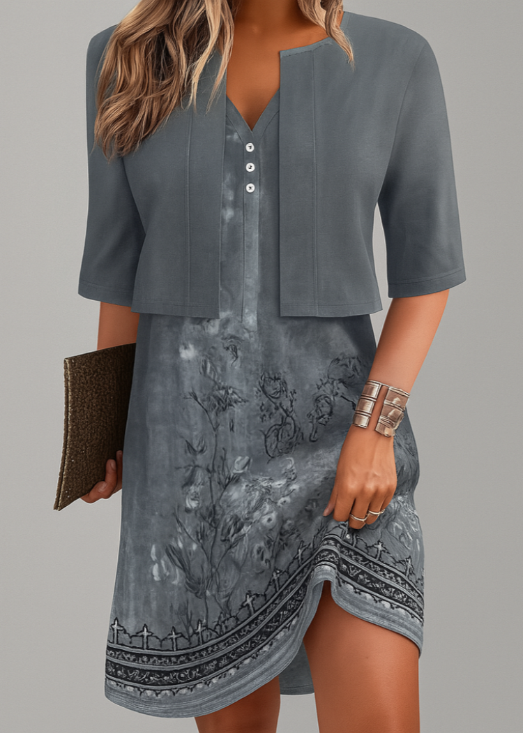 Robe longue d'été deux pièces, haut et jupe trapèze, cinq coloris, gris