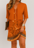 Robe longue d'été deux pièces, haut et jupe trapèze, cinq coloris, orange