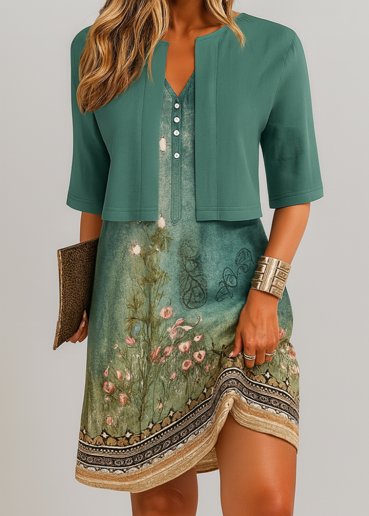 Robe longue d'été deux pièces, haut et jupe trapèze, cinq coloris, vert