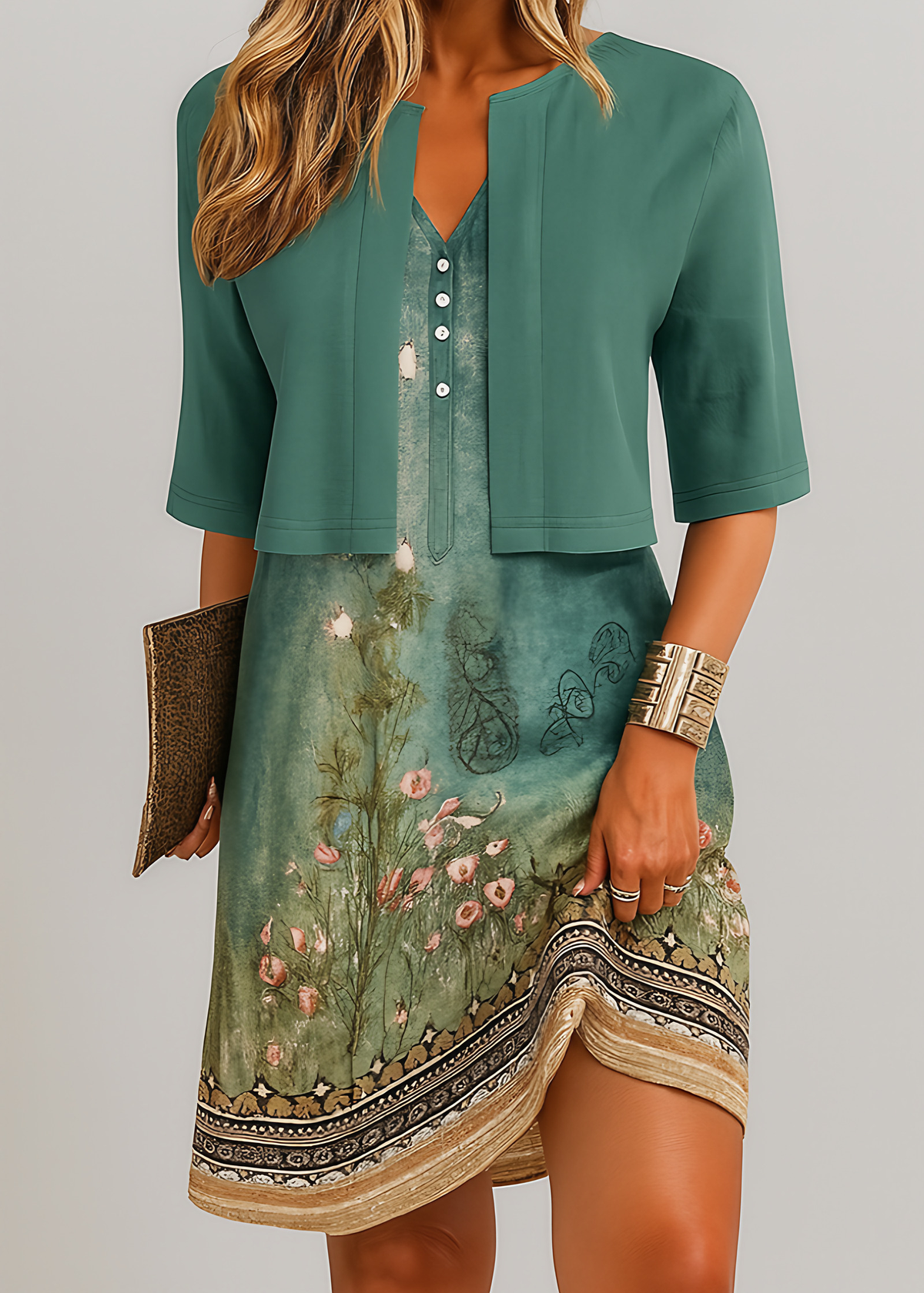 Robe longue d'été deux pièces, haut et jupe trapèze, cinq coloris, vert