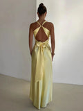 Robe longue jaune col V sans manches, coupe évasée, jaune
