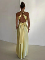 Robe longue jaune col V sans manches, coupe évasée, jaune