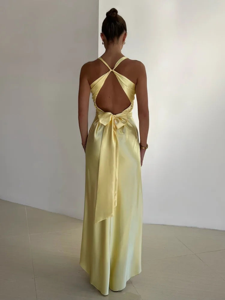 Robe longue jaune col V sans manches, coupe évasée, jaune