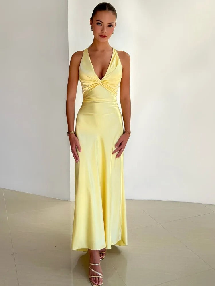 Robe longue jaune col V sans manches, coupe évasée