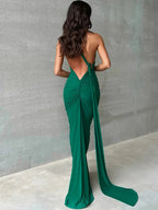 Robe longue asymétrique une épaule, coupe moulante, vert