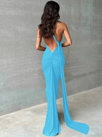 Robe longue asymétrique une épaule, coupe moulante, bleu