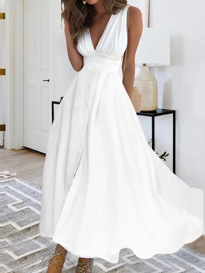 Robe longue blanche col V croisé, coupe ajustée, du S au 3XL, blanc