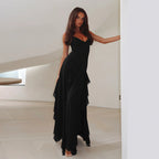 Robe longue fendue à fines bretelles, décolleté cœur, noir ou bordeaux