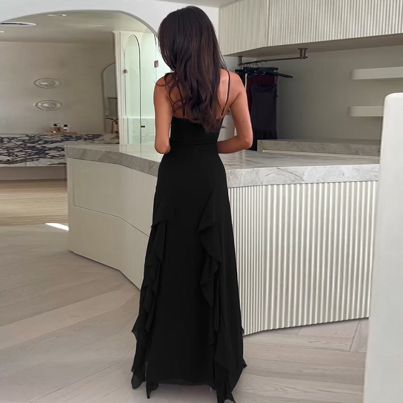 Robe longue fendue à fines bretelles, décolleté cœur, noir ou bordeaux
