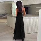 Robe longue fendue à fines bretelles, décolleté cœur, noir ou bordeaux