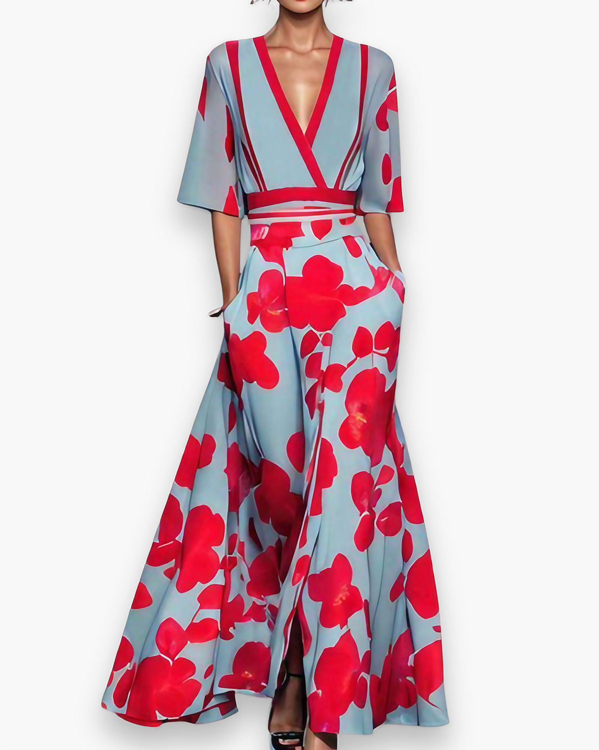 Robe longue de soirée à motif floral, bleu et rouge, bleu et rouge
