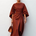 Robe longue femme cintrée à manches chauve-souris et drapé, marron