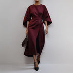 Robe longue femme cintrée à manches chauve-souris et drapé, rouge