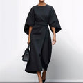 Robe longue femme cintrée à manches chauve-souris et drapé, noir