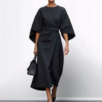 Robe longue femme cintrée à manches chauve-souris et drapé, noir