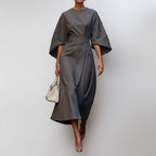 Robe longue femme cintrée à manches chauve-souris et drapé, gris