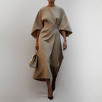 Robe longue femme cintrée à manches chauve-souris et drapé, kaki