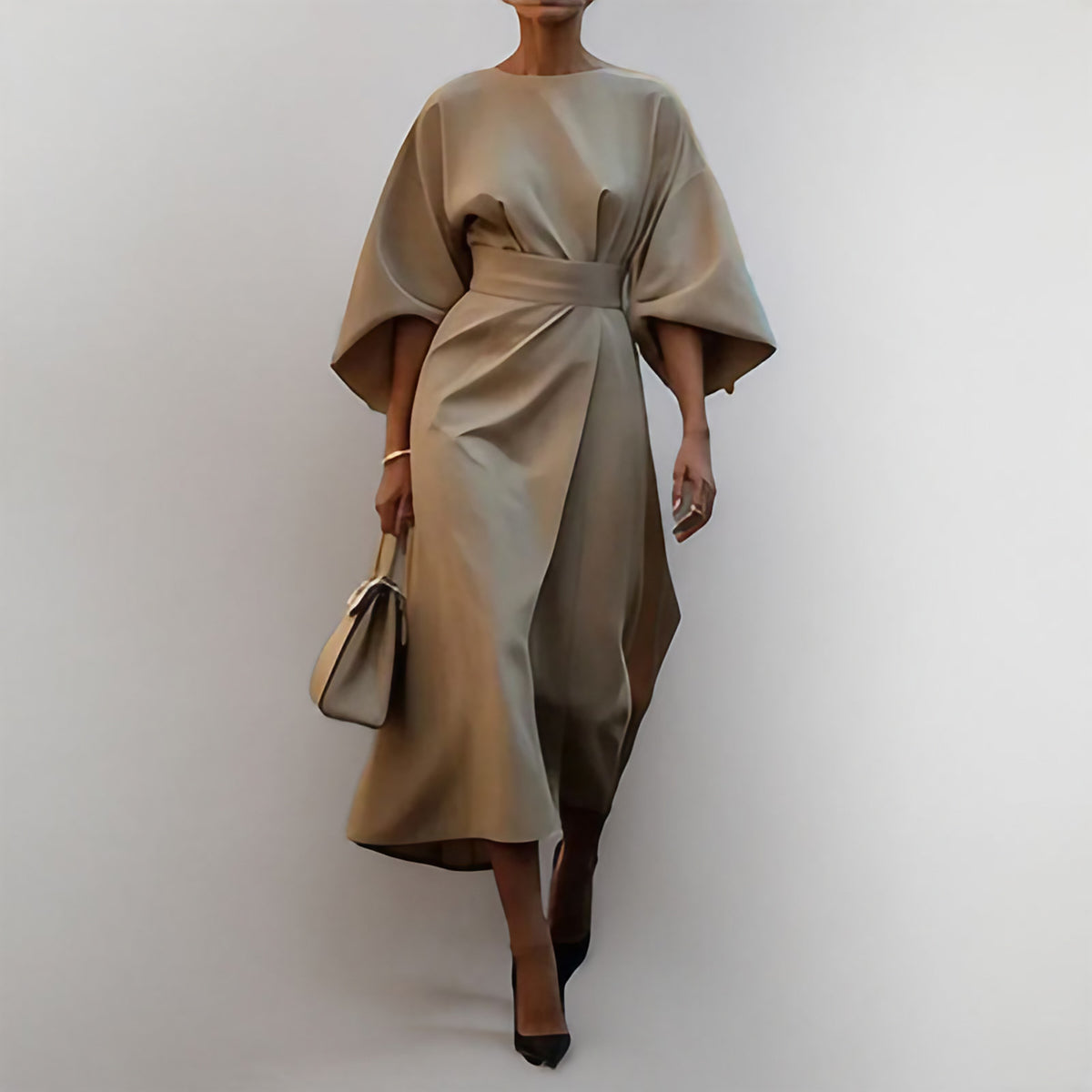 Robe longue femme cintrée à manches chauve-souris et drapé, kaki
