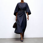 Robe longue femme cintrée à manches chauve-souris et drapé, bleu marine