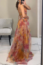 Robe longue imprimée femme à laçage, coupe fluide